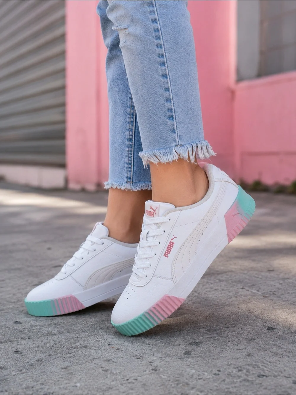 Puma Carina 2.0 White Pink Mint Leather Sneakers Women’s Size 8 Casual Shoes